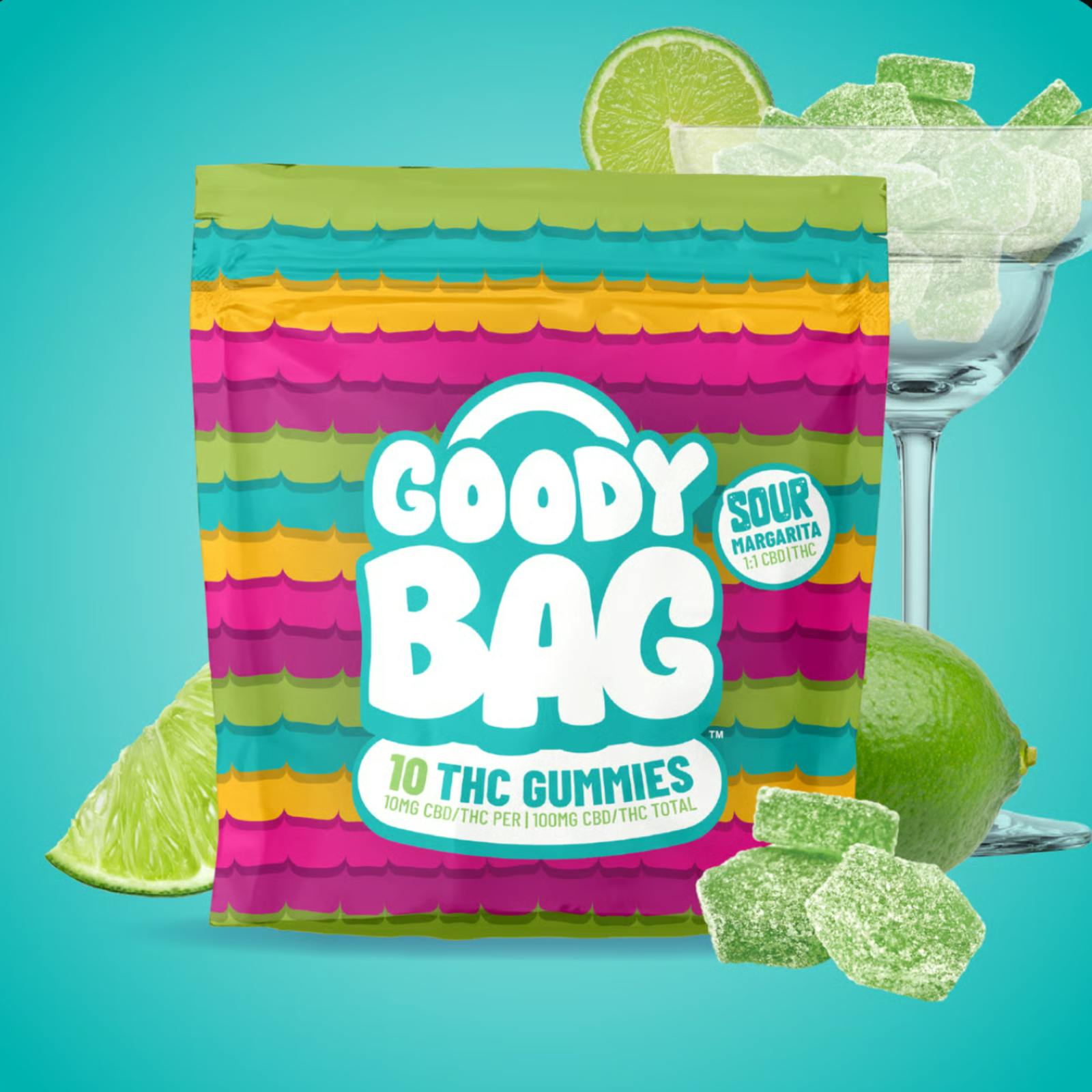 GOODY BAG | SOUR MARGARITA | 1:1 THC:CBD | HYBRID | GUMMIES | 200MG |  REC - Main view