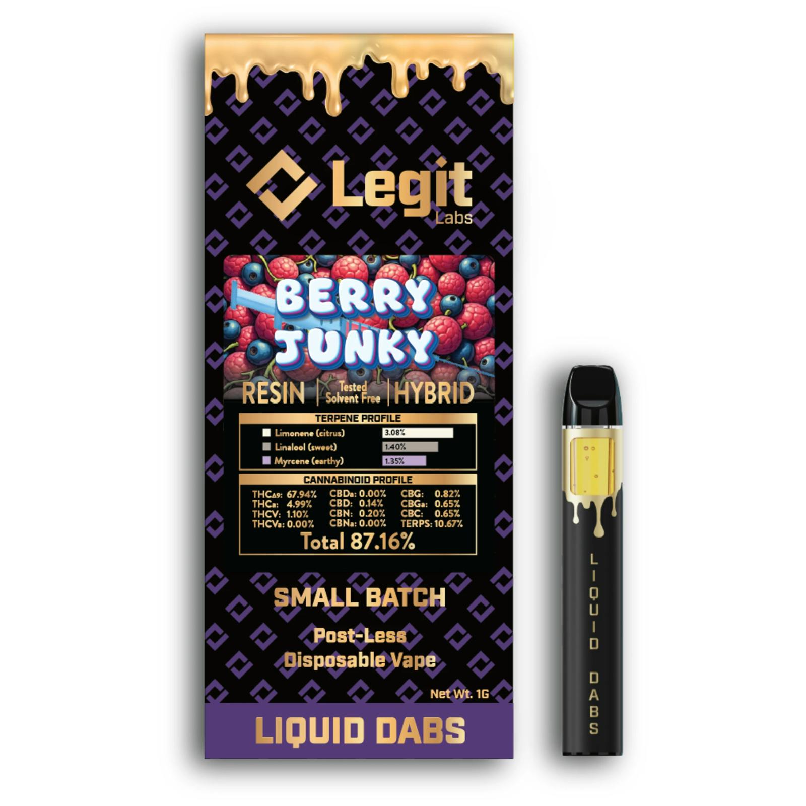 LEGIT LABS | BERRY JUNKY | HYBRID | DISPOSABLE VAPE | 1G | REC - Main view
