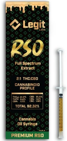 Legit Labs | Full Spectrum 2:1 THC:CBD RSO | 1G Syringe | REC - Main view