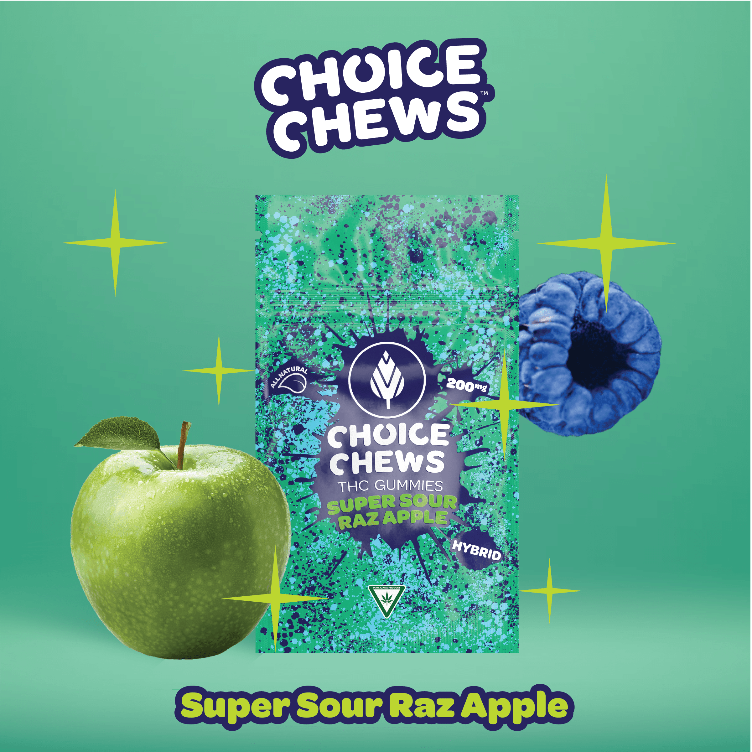 CHOICE | SUPER SOUR RAZ APPLE | HYBRID | GUMMIES | 200MG | REC - Main view