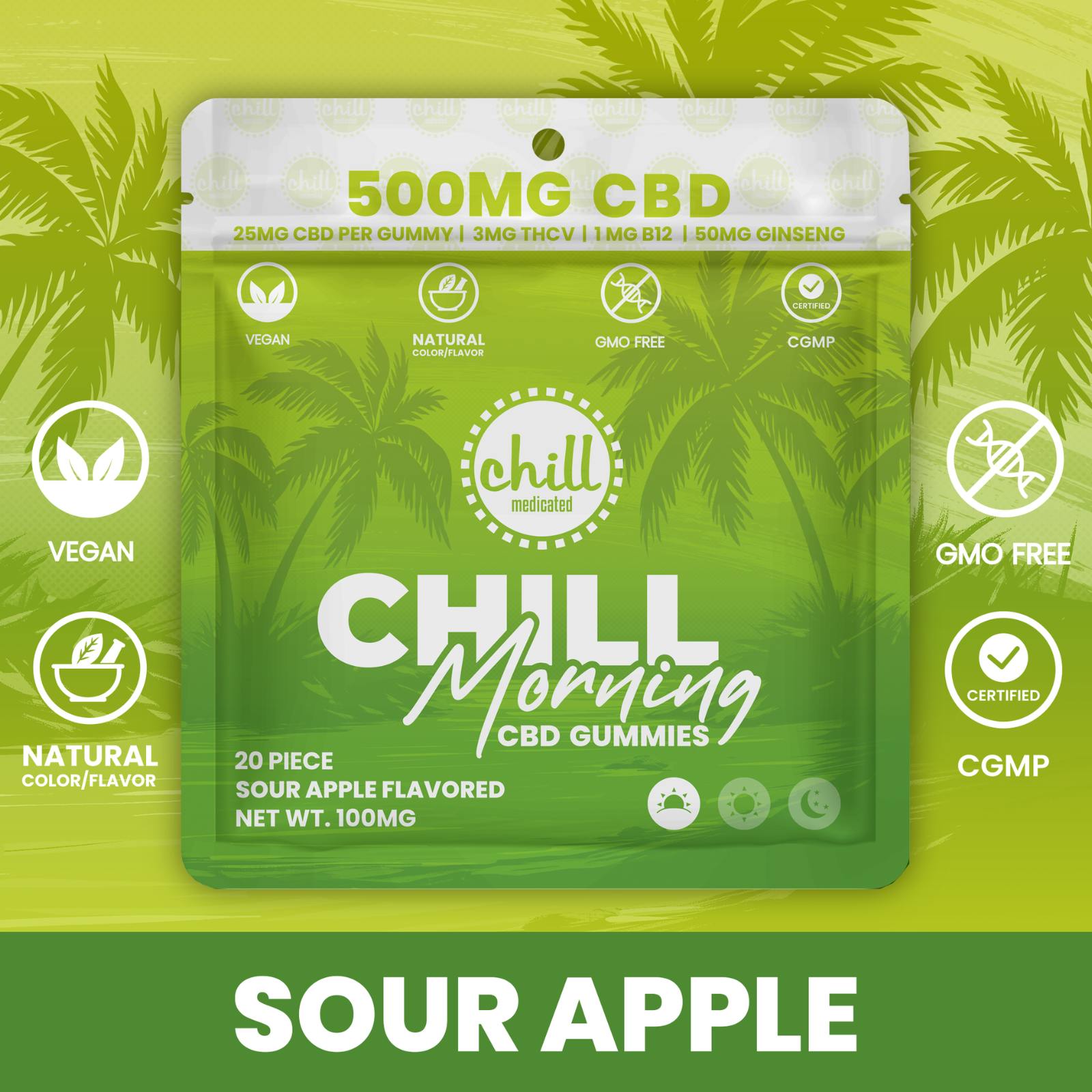 CHILL MEDICATED | SOUR GREEN APPLE | GUMMIES | CBD:THCV:B12:GINSENG | REC - Main view